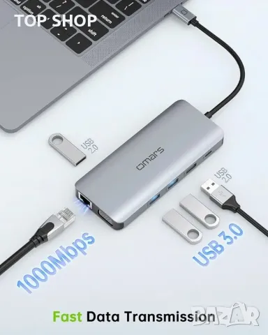 Omars USB C докинг станция  11 в 1 адаптер за двоен монитор с двоен 4K HDMI, VGA, Gigabit, снимка 3 - Друга електроника - 48764502