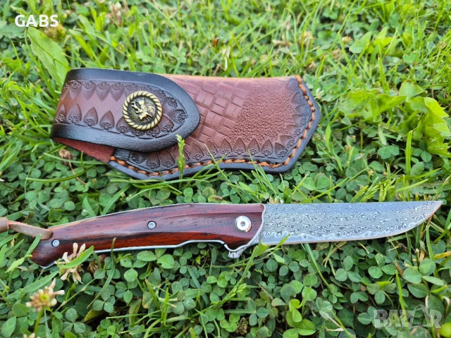 Сгъваем джобен нож дамаска стомана с кожен калъф, снимка 3 - Ножове - 51007128