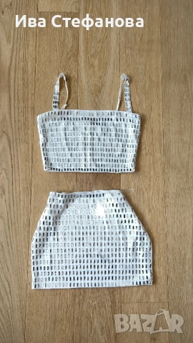 Нов бял еластичен елеганен парти официален коктейлен сет блестящи камъни диаманти цирконий, снимка 3 - Костюми - 51472468