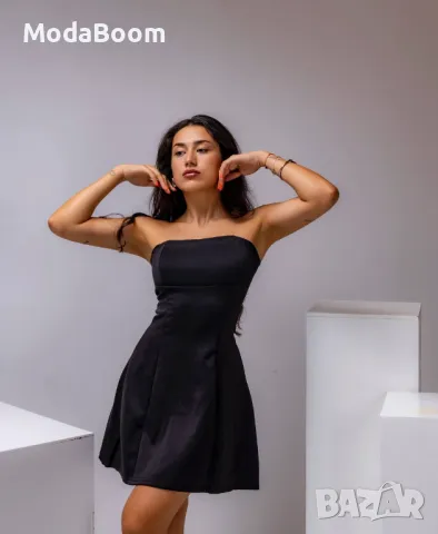 Къса черна дамска рокля | без рамене , снимка 3 - Рокли - 47531514