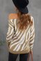 Дамски пуловер в бежов цвят със зебра принт и голо рамо, снимка 6