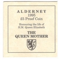 Alderney-5 Pounds-1995-KM# 14a-Queen Mother receiving flower-Silver Proof, снимка 5 - Нумизматика и бонистика - 37297606