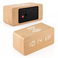 FiBiSonic LED безжичен бамбуков будилник, цифров,Qi безжично зареждане,3 аларми,за спалня/офис, снимка 3 - Безжични зарядни - 40164943