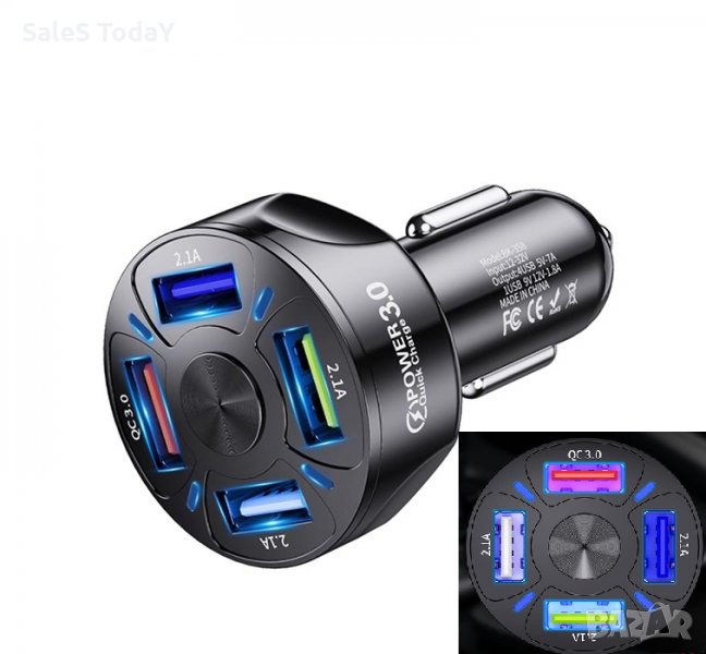 Зарядно за кола, USB, 12V/ 24V, 4 порта Quick Charge 3, снимка 1