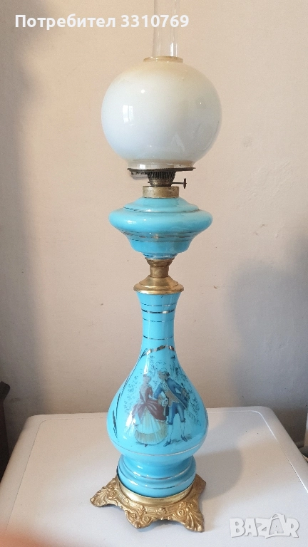 Изключително рядка антикварна находка белгийска стъклена банкетна луксозна газена лампа. , снимка 1