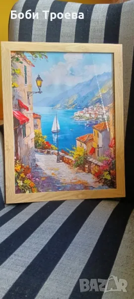 см.Рамкирана Картина в Средиземноморски Стил с Цъфтящи Цветя и Синьо Море, снимка 1