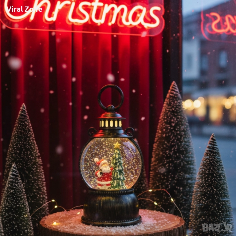 Голям LED коледен фенер с ефект на падащ сняг , снимка 1
