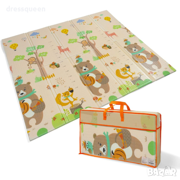 4129  Сгъваемо детско килимче за игра, топлоизолиращо 180x200х1см - Мече и горски животни, снимка 1