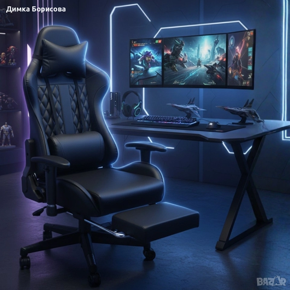 Геймърски стол с прибираща се подложка за крака и функция за масаж - черен, снимка 1