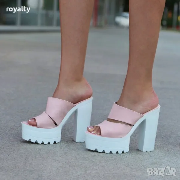 Чехли на ток - розов велур с бяло ходило, снимка 1