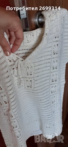 Оригинална блуза с къс ръкав и яка, изплетен на една кука, в бежов цвят, снимка 4 - Потници - 37019434