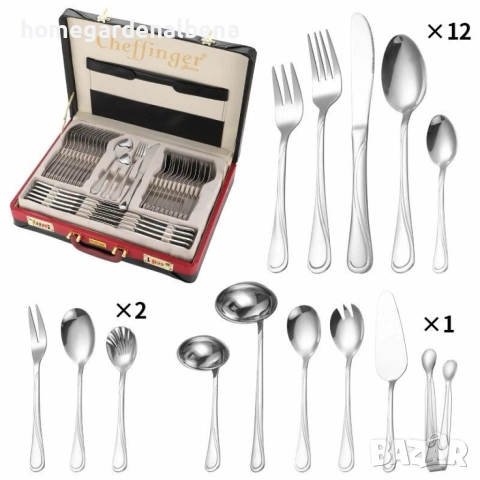 Луксозен комплект прибори Cheffinger – 72 части със златно/сребърно покритие + куфар, снимка 9 - Прибори за хранене, готвене и сервиране - 54166467