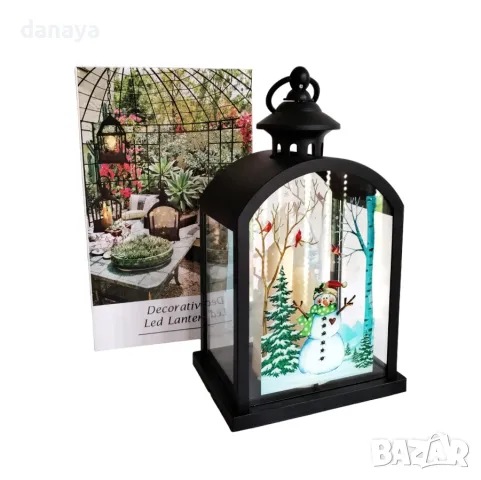 5353 Декоративен Led фенер лампа с реалистични свещи и картинка Снежко, 28 см, снимка 5 - Декорация за дома - 47600764