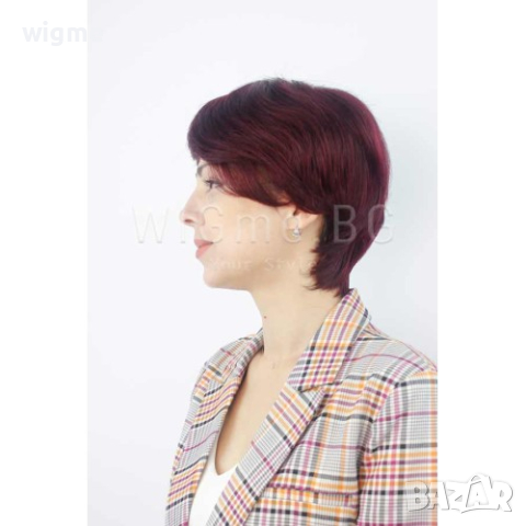 Къса тъмночервена перука от естествен косъм с бретон Мари, снимка 5 - Аксесоари за коса - 34515515