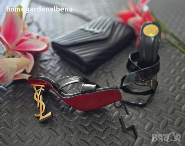 Дамски чехли на ток — черни с червена подметка — златист детайл — номера 36-40, снимка 3 - Дамски обувки на ток - 54233644