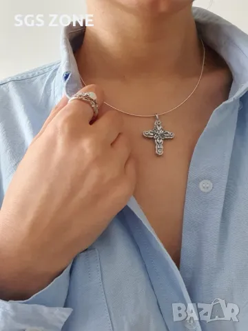 Сребърен Кръст с Естествени Топази Light Blue 🩵, снимка 2 - Колиета, медальони, синджири - 49891773
