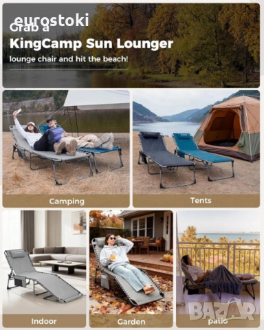 Сгъваем шезлонг KingCamp, голям подплатен градински шезлонг с 5 регулируеми позиции, 200 х 68 см, снимка 6 - Градински мебели, декорация  - 52776867