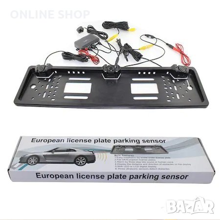 Камера за задно виждане с рамка за номера и 2 датчика за паркиране EU Car plate, снимка 1
