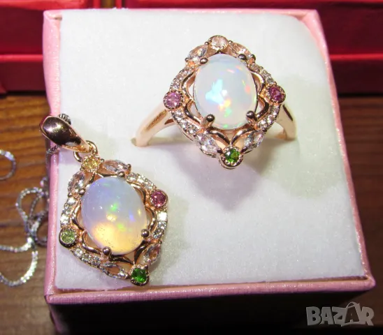 925 сребърен комплект с огнени опали пръстен и колие, подходящи за подарък