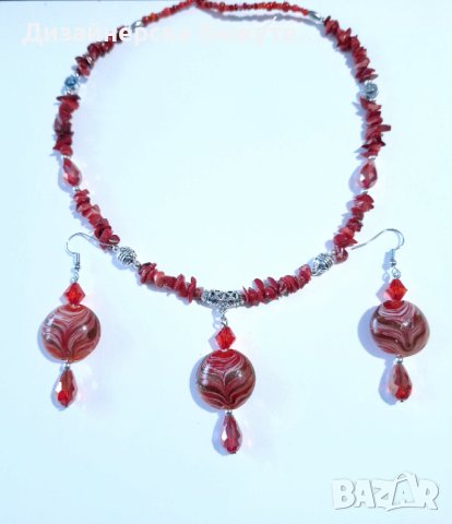 Прекрасен комплект бижута обеци и колие с червени Корали, кристали и ръчно изработени Мурано мъниста, снимка 8 - Бижутерийни комплекти - 42923968
