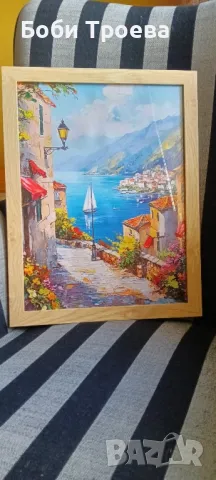 см.Рамкирана Картина в Средиземноморски Стил с Цъфтящи Цветя и Синьо Море