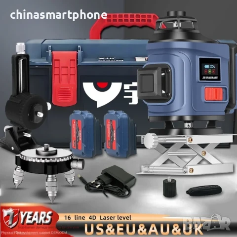 Лазерен Нивелир 4D с 16 Линии – Зелен Лъч, Самонивелиращ се с дисплей батерии 2x2400mAh, снимка 4 - Други машини и части - 50603004