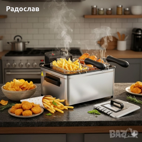 Фритюрник Cheffinger CF-EDP5.0 – 5L, 2000W, неръждаема стомана, 3 кошници, регулируема температура., снимка 2 - Фритюрници - 52224750