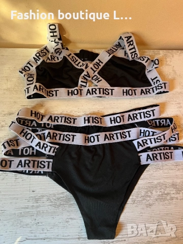 Нов комплект с черен цвят с бели еластични ленти с надпис hot artist 🖤🩶🤍🖤🩶🤍, снимка 3 - Бельо - 52236283