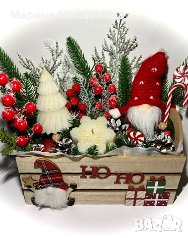 Коледен дървен сандък с плюшен гном, свещи и коледни декорации, снимка 2 - Декорация за дома - 52662854