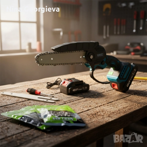 Акумулаторен трион за дърво и клони UKC 48V – 6″ верижна резачка с 2 батерии и 2 вериги, снимка 4 - Други инструменти - 52855935