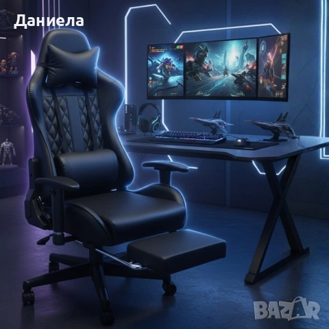 Геймърски стол с прибираща се подложка за крака и функция за масаж - черен, снимка 2 - Столове - 53237764