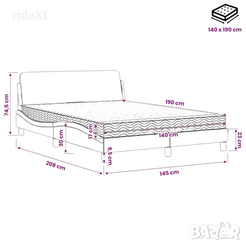 vidaXL Легло с матрак Dover, синьо, 140x190 см, кадифе, снимка 9 - Спални и легла - 56146791