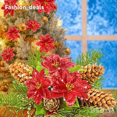 Нови Блестящи Коледни Цветя Пуансетия 24 броя за Декорация Украса , снимка 6 - Други - 42879457