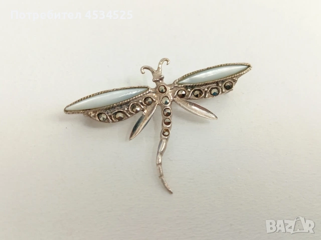 Винтидж сребърни брошки – бар с тюркоаз, водно конче и филигранно цвете, снимка 3 - Антикварни и старинни предмети - 54173768