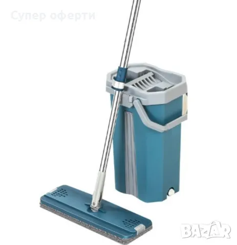 Комплект за почистване с плосък моп и кофа със система за изстискване