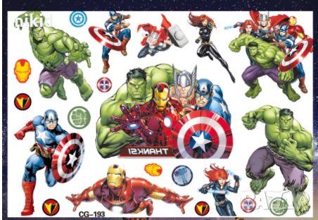 Avengers Отмъстителите Капитан Америка Хълк Айрън железния Tattoo татос татуировка временна детска , снимка 8 - Други - 24567609