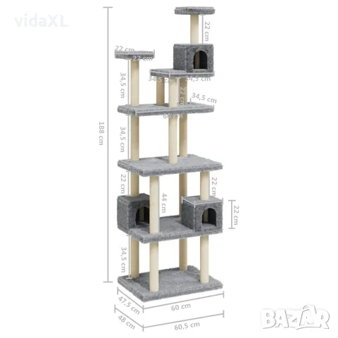 vidaXL Котешко дърво със сизалени стълбове, светлосиво, 188 см, снимка 8 - За котки - 56146214