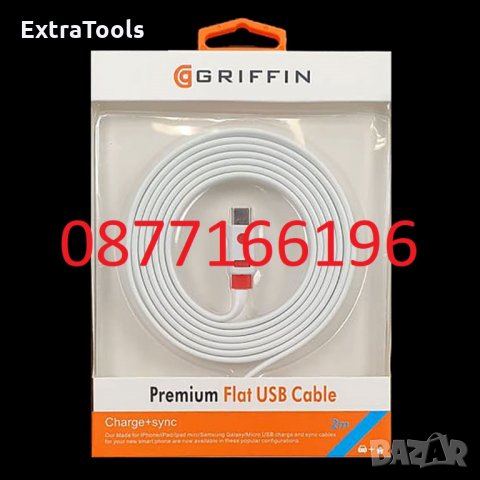 Плосък USB кабел Griffin Type C 2 метра, снимка 1 - USB кабели - 35054825