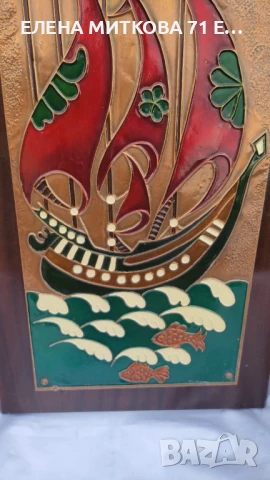 Голяма цветна медна пластика върху дървена основа, снимка 2 - Антикварни и старинни предмети - 50635360