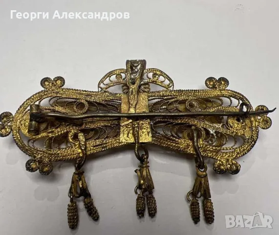 19-ти Век РАЗКОШНА ОГРОМНА Старинна ФИЛИГРАННА САЧАНЕНА БРОШКА с ЖИВАЧНА ПОЗЛАТА, снимка 4 - Антикварни и старинни предмети - 55955929