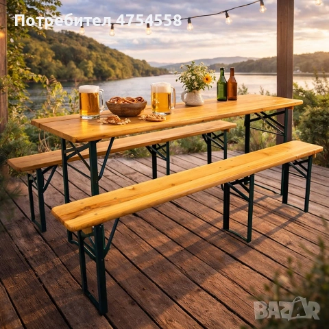Сгъваем комплект градинска маса с 2 пейки - От чамово дърво - С ДЕФЕКТ , снимка 5 - Градински мебели, декорация  - 54011586