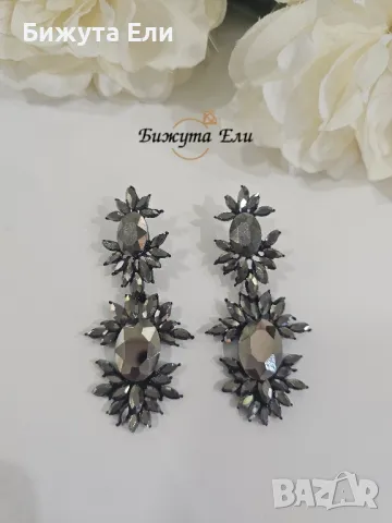 Обеци с кристали графит , снимка 2 - Обеци - 50049526