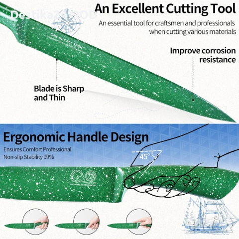 Комплект кухненски ножове с поставка неръждаема стомана, зелени, снимка 5 - Прибори за хранене, готвене и сервиране - 53899039