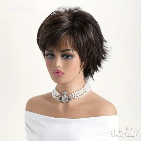 Къса дамска тъмно кафява перука с фини руси кичури, снимка 3 - Аксесоари за коса - 50540353