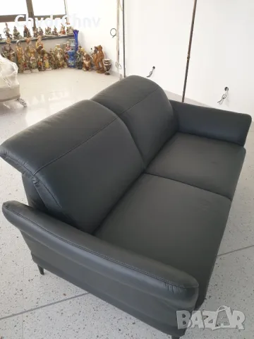 Немски кожен диван за офис/двойка-черна естесвена кожа/регулиращи седалки-подлакътници 200x115x95см