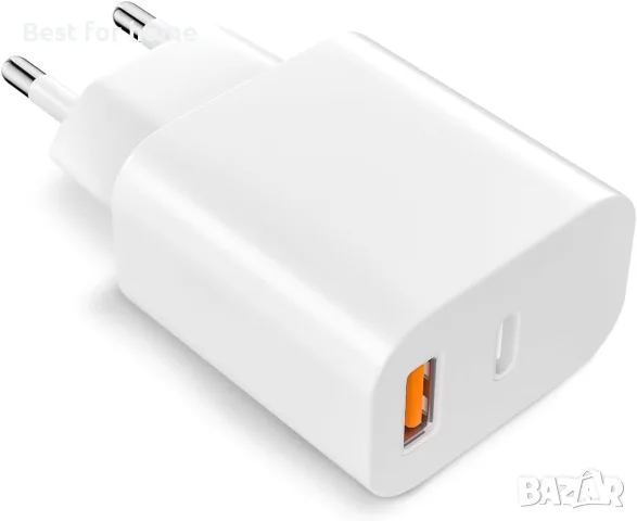 USB-C зарядно устройство 20 W с два порта (USB-C + USB-A) за iPhone, Samsung, iPad 