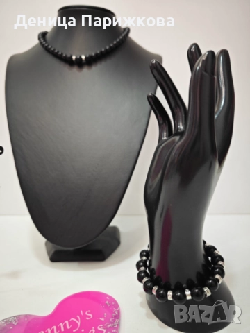 Ръчно изработен комплект бижута с черен оникс – гривна, колие и обеци , снимка 4 - Бижутерийни комплекти - 52775781