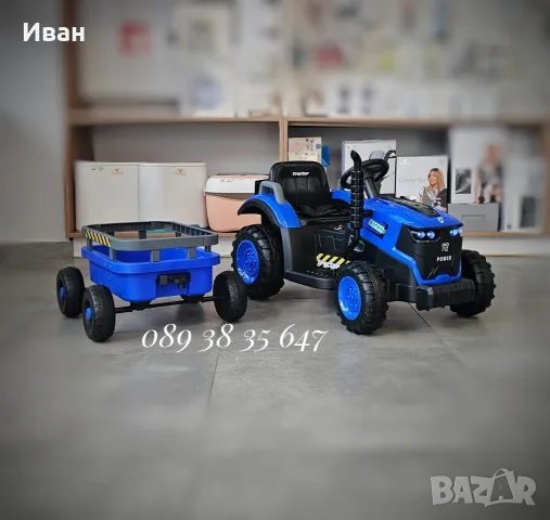 ТОП ЦЕНА!НОВО!Акумулаторен трактор с ремарке TERRON BLUE с 12V батерия,дистанционно,USB
