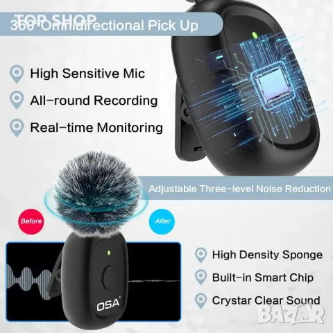 Мини безжичен петличен микрофон OSA за камера и компютър, време за работа до 9 часа, снимка 4 - Микрофони - 49500338