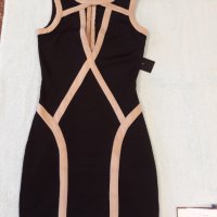 Черна луксозна ластична рокля с бежова гарнитура , с дълъг стабилен цип , елегантна , къса, секси , снимка 2 - Рокли - 37249692